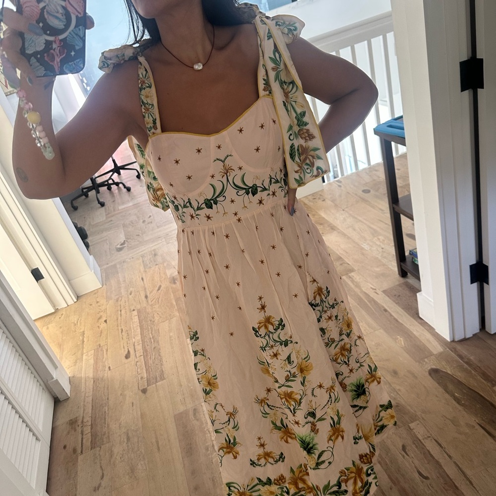 FARM Rio Pink Botanical Beauty Shoulder Bow Midi Dress Size Medium